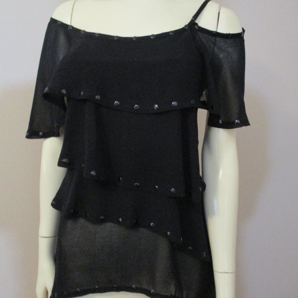 72822 Black Sheer Chiffon Cold Shoulder Tiered Hi-lo Tunic Top sz S